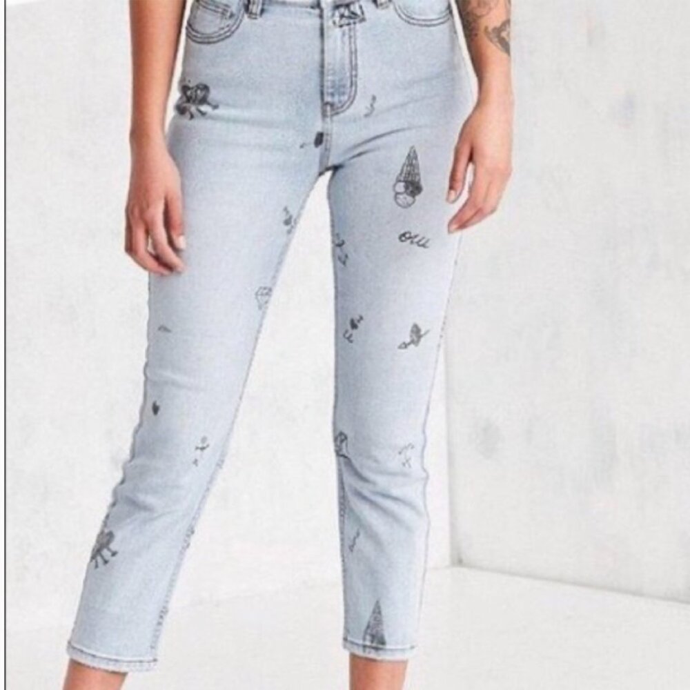 ⭐️BDG High Rise Girlfriend Doodle Planet Space Diamond Hipster Boho Hippie Jeans